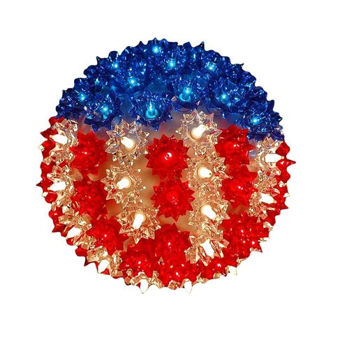 Novelty Lights 7.5in 100 Light Starlight Sphere, Red/White/Blue, Large Ornament Ball Light, 5ft Hanging Cord with S Hook, 12ft Power Cord with Stackable Plug, Commercial Grade