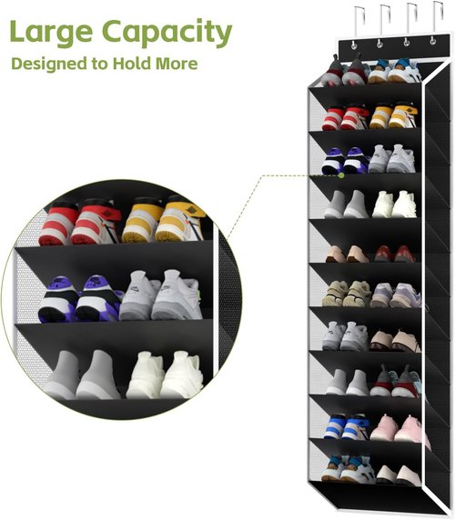 KEEPJOY 10-Tier Over-Door Shoe Organizer - Large Deep Pockets for 20-30 Pairs of Sneakers & Boots | Black