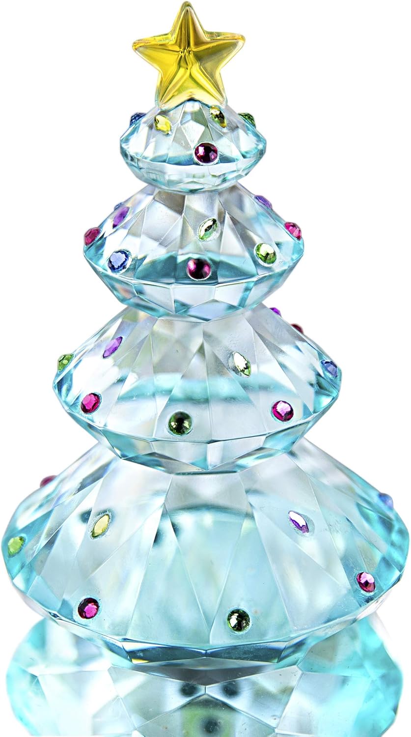 QFkris Crystal Christmas Tree Figurine - 3.5" Blue Glass Paperweight Table Ornament | Holiday Gift