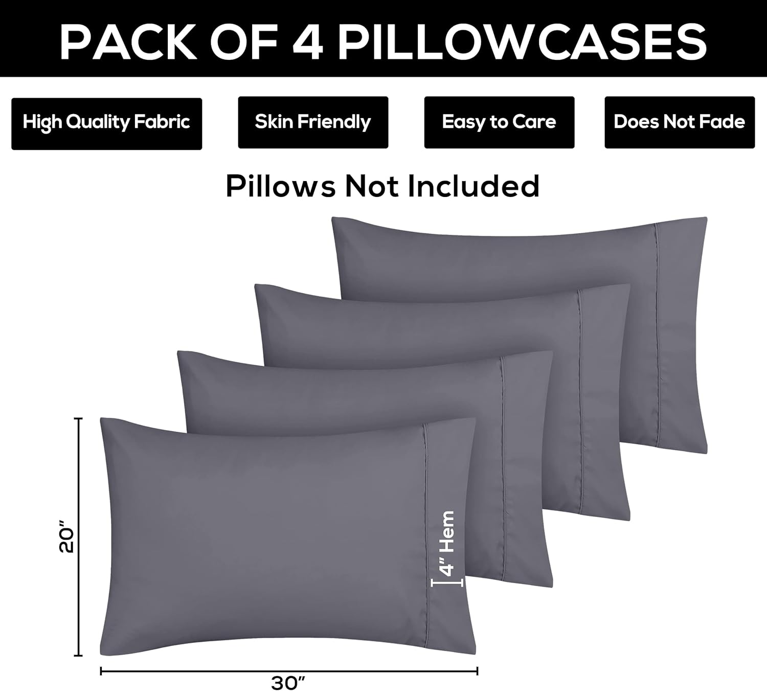 Utopia Bedding Queen Pillow Cases - 4 Pack | Soft Brushed Microfiber | Fade Resistant 20x30 Inches - Grey