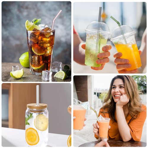 FBAJOJO, coloured glass straws, 8 inch long, 8 mm diameter, 12 wear resistant heat resistant straws, with 4 straw cleaning brushes, 6 straight, 6 curved design