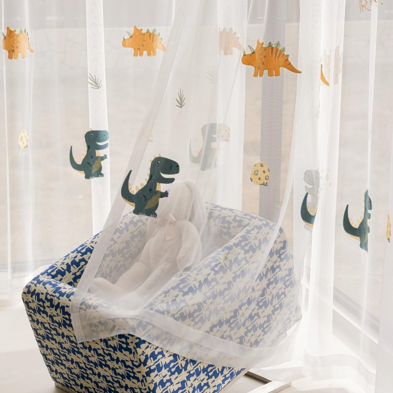 KMSG Cartoon Dinosaur Sheer Kids Curtains Embroidery Voile Drapes Nursery Curtains for Children Boys Baby Bedroom Living Room Light Filtering Window Tratement Grommet Top 1 Panel W52 x L96 Inch