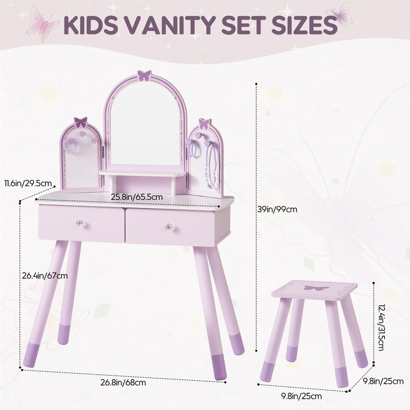 ROBOTIME Purple Kids Vanity Set, Makeup Vanity Desk with Mirror, Chair and Storage Drawers, Little Girl Dressing Table with Stool for Toddlers Ages 3+