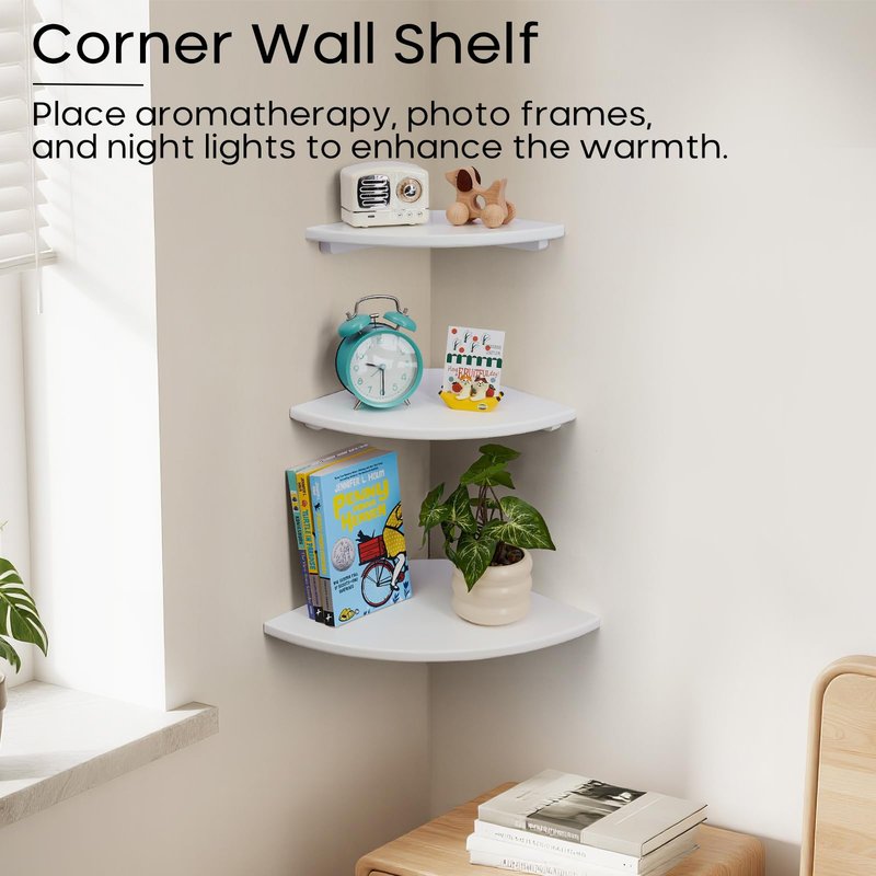 BEUGAWHOO White Corner Shelf, Wall Mount 12inch Natural Oak Wood Floating Corner Wall Shelf Round End Small Corner Nightstand Plant Shelf for Bedroom, Kitchen, Living Room Set of 2