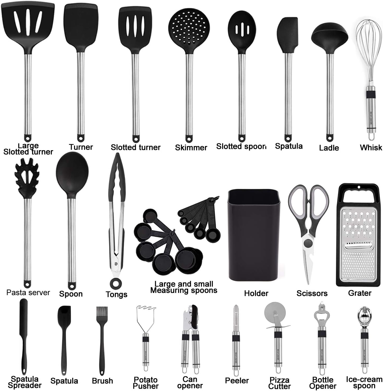 Skiennix Kitchen Utensil Set - 33 Silicone Cooking Gadgets & Spoons for Nonstick Cookware | Durable Spatula Set