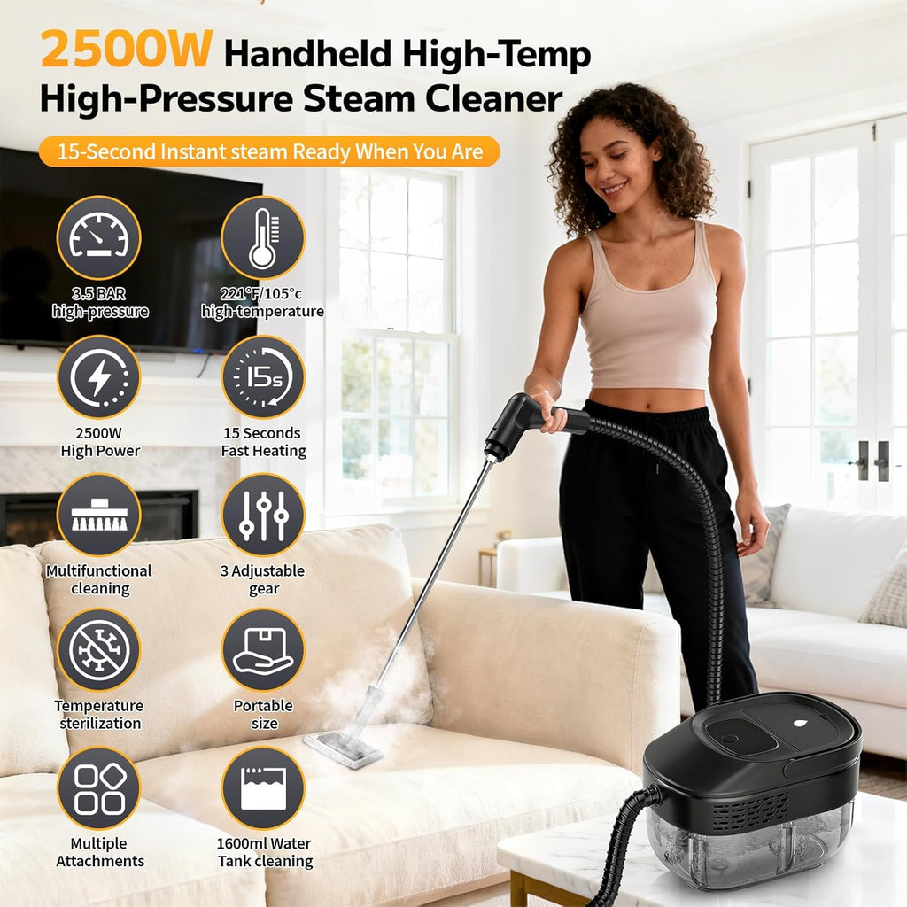 Pressurized Steam Cleaner - 54oz Portable Steamer with 15-Piece Kit | Fast Heat-Up in 15s, Handheld for Home & Car