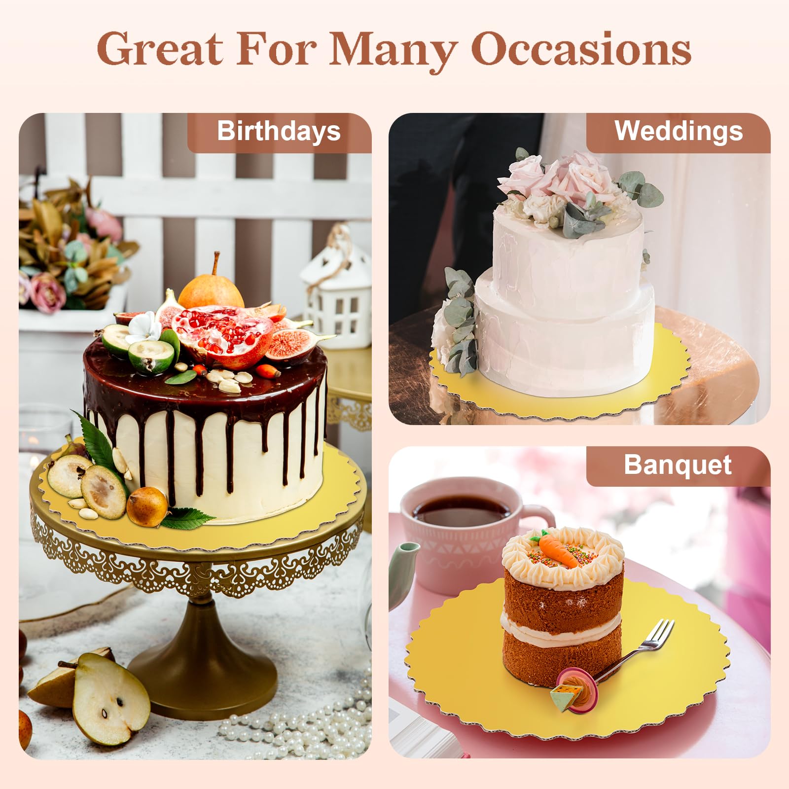 Cake Boards 10 inch Round, Gold Scalloped Edges Food Graded Greaseproof Cake Rounds 10 inch, 10in Cakes Boards Cardboard Circles for Wedding Birthday Parties Pizza, 10-Pack