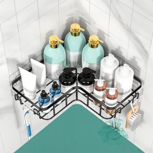 Moforoco Corner Shower Caddy | Self-Adhesive Black Organizer Shelf for Bathroom Storage & Decor