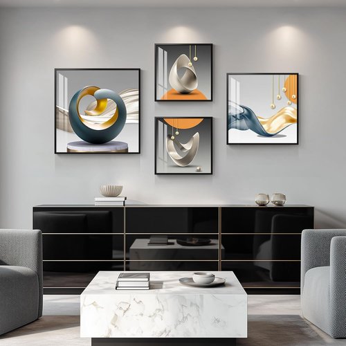 Framed Modern Wall Art Set by [Brand Name] - Abstract Geometric Prints in Orange, Gray & Gold | 4 Pieces for Living Room & Office