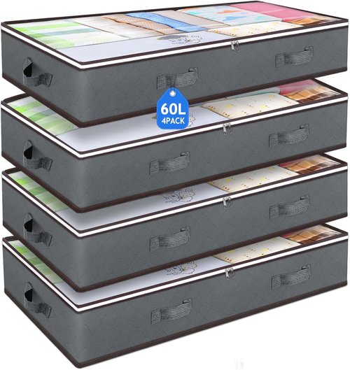 Budding Joy 60L Under Bed Storage Containers - Clear Lids & Foldable Design for Organizing Clothes, Blankets, and More
