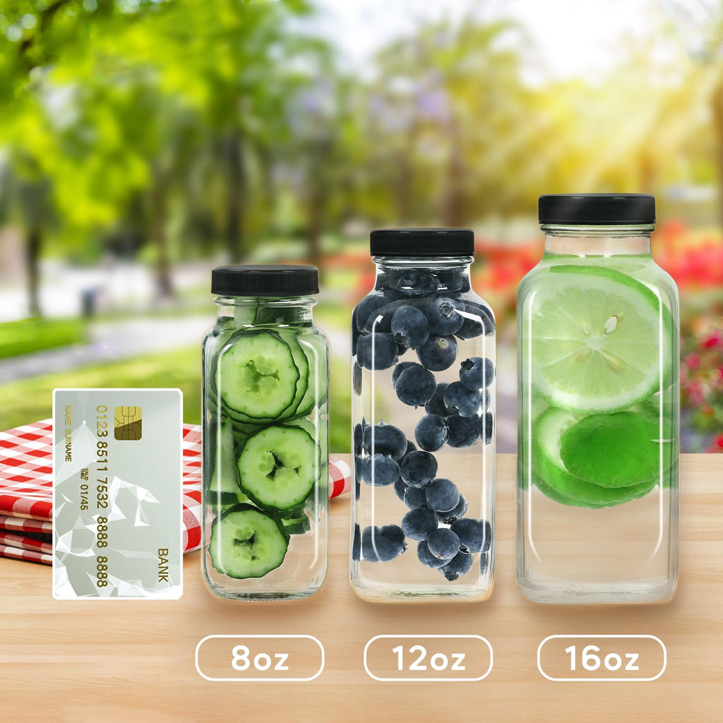 STARSIDE 12 oz 3 Pack Glass Juice Bottles with Lids - Square Reusable Drinking Jars for Juicing, Milk, Kombucha - Includes 1 Bottle Brush, 6 Colored Labels