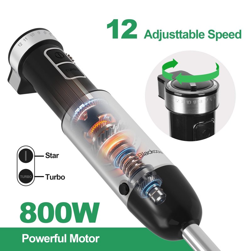 Blackcow Immersion Blender Handheld, 800W Powerful Electric Hand Blender with Titanium Alloy Blades, 12 Speeds & Turbo, Electric Hand Mixer for Smoothies, Soups, Baby Food and Purees