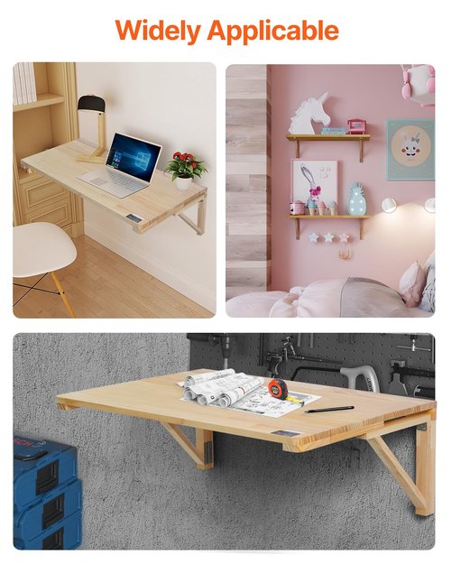VEVOR Wall-Mounted Folding Table, 31.5 x 23.62 inch, Wooden Drop Leaf Floating Desk with Iron Bracket for Small Spaces, Home Office, Dining, Laundry Room, Kitchen, Bar