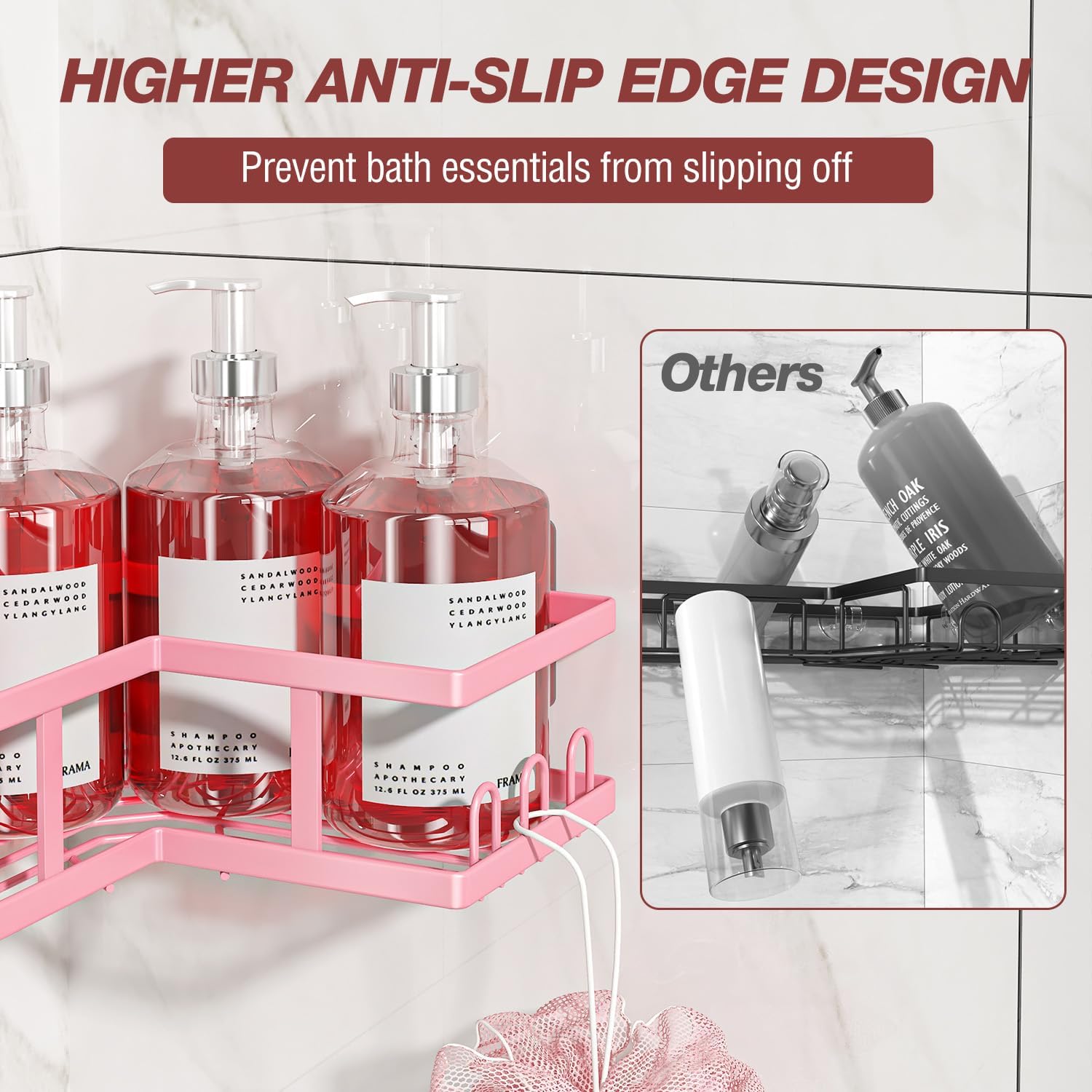 Youvip 4-Pack Adhesive Shower Caddy - Rustproof Wall-Mounted Organizer with Soap Holder | Pink