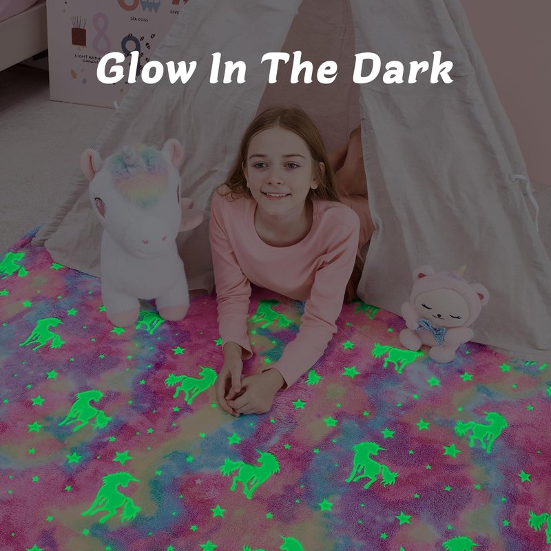 QSTEHEML Glow in The Dark Unicorn Blanket ，Birthday Gift for Girls Age 3-12 Years Old, Unicorns Toys Girls Presents for Grandkids, Soft Unicorns Throw Blanket for Daughter 50"×60"