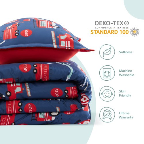 SLEEP ZONE Kids Bedding Comforter Set Full/Queen Size - Super Soft & Cute Printed 3-Piece Comforter Set All Seasons for Boys, Girls, Fade Resistant, Machine Washable, Fire Truck