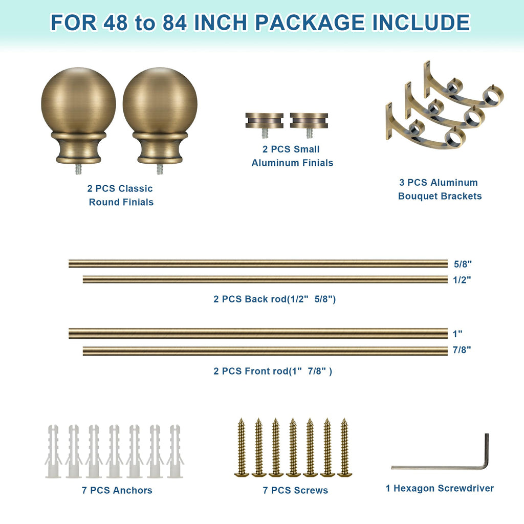 Lwiiom Double Curtain Rods with Aluminum Bouquet Brackets and Round Finials,Antique Bronze Curtain Rods for Windows 48 to 86 inch,1-inches Front and 5/8 Inches Back Double Window Drapery Rod