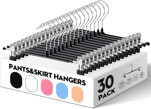 HUADYMEET 30 Pack 12-Inch Metal Pants Hangers with Clips - Heavy-Duty Non-Slip Trouser Hangers for Jeans & Skirts | Black