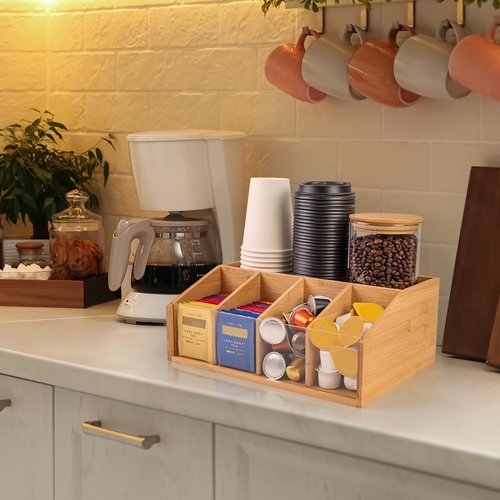 HUCINIUN Bamboo Coffee Station Organizer for Countertop, Coffee Bar Accessories Organizer with 5 Compartments for Tea Bags Condiment, Pods, Creamer, Syrup, Cups