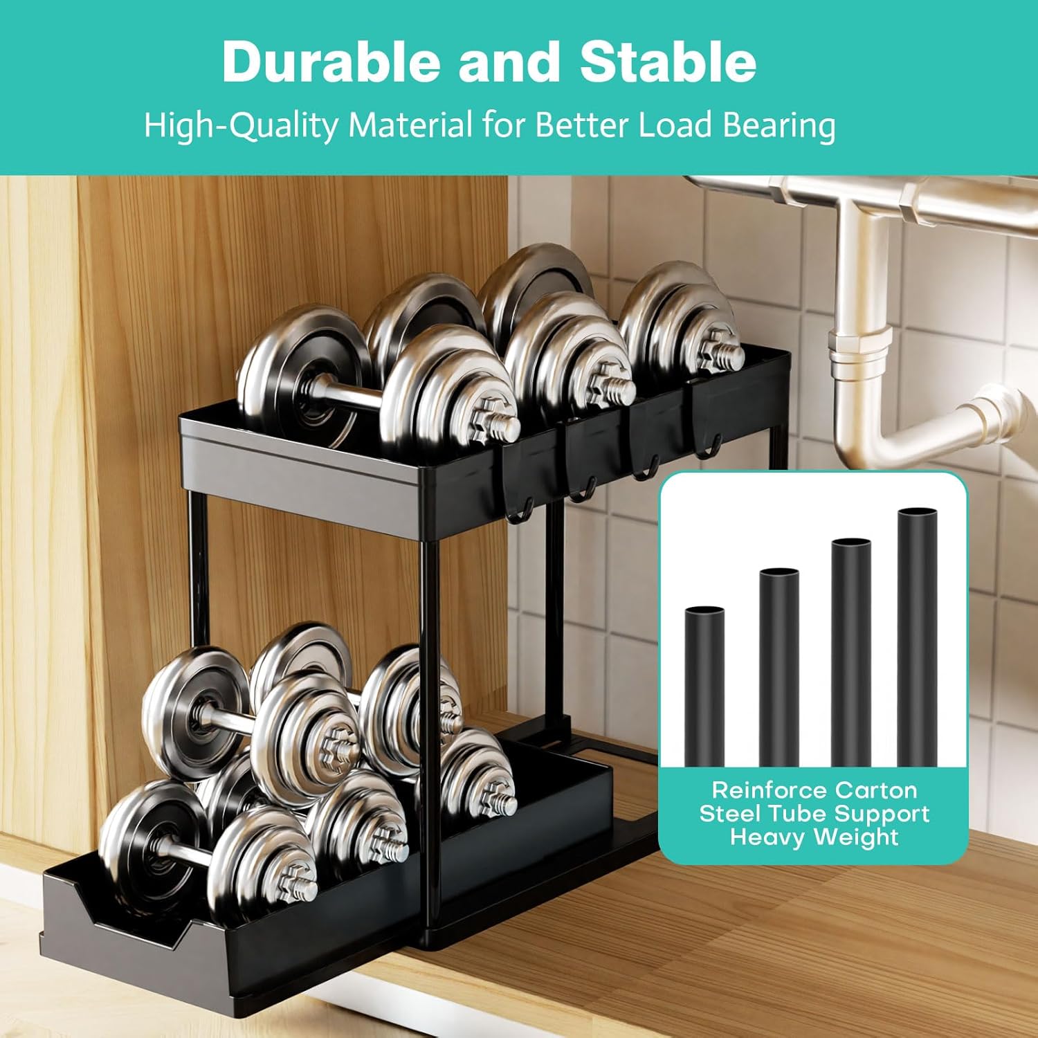Under Sink Organizers by [Brand Name] - 2-Pack Pull-Out Sliding Cabinet Organizer with 2-Tier Storage & Hooks | 13 Inch, Black