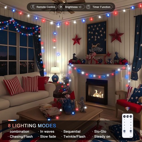 JMEXSUSS 100 LED Connectable Red, White, and Blue String Lights - 33ft Indoor/Outdoor Globe Lights with Remote for 4th of July Decor