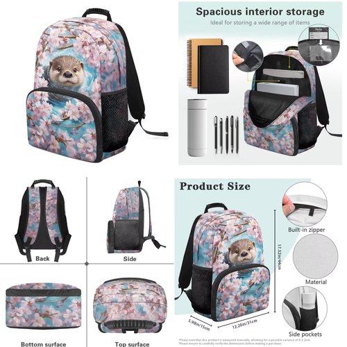 ELEDIZI Cherry Blossom Otter Backpack for Girls Kids Backpack with Lunch Box Water Bottle Carrier and Big Pencil Case 4Pcs Set 17" Bookbag with Compartments Lightweight School Bag for Elementary Girls