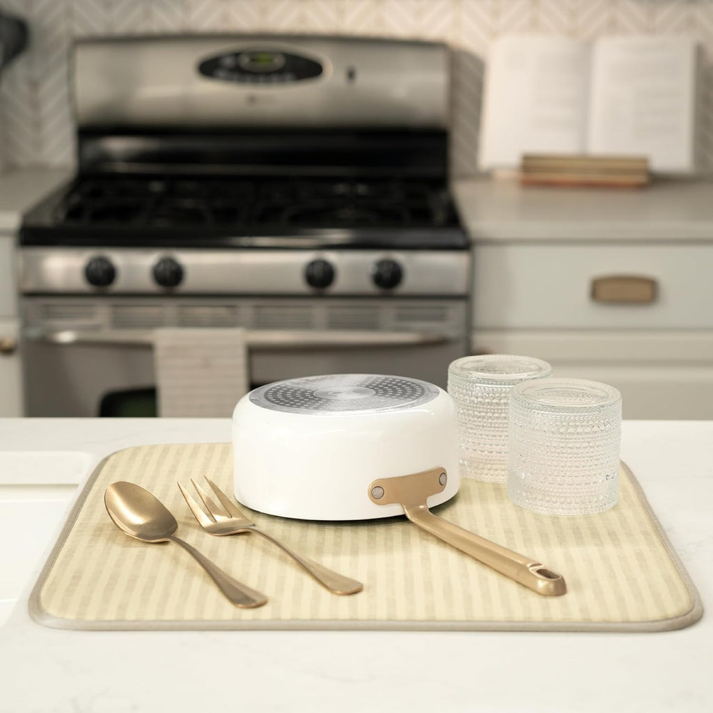S&T INC. Dish Drying Mat - Absorbent Microfiber Kitchen Counter Pad | 16” x 18”, Cream Distressed Lines