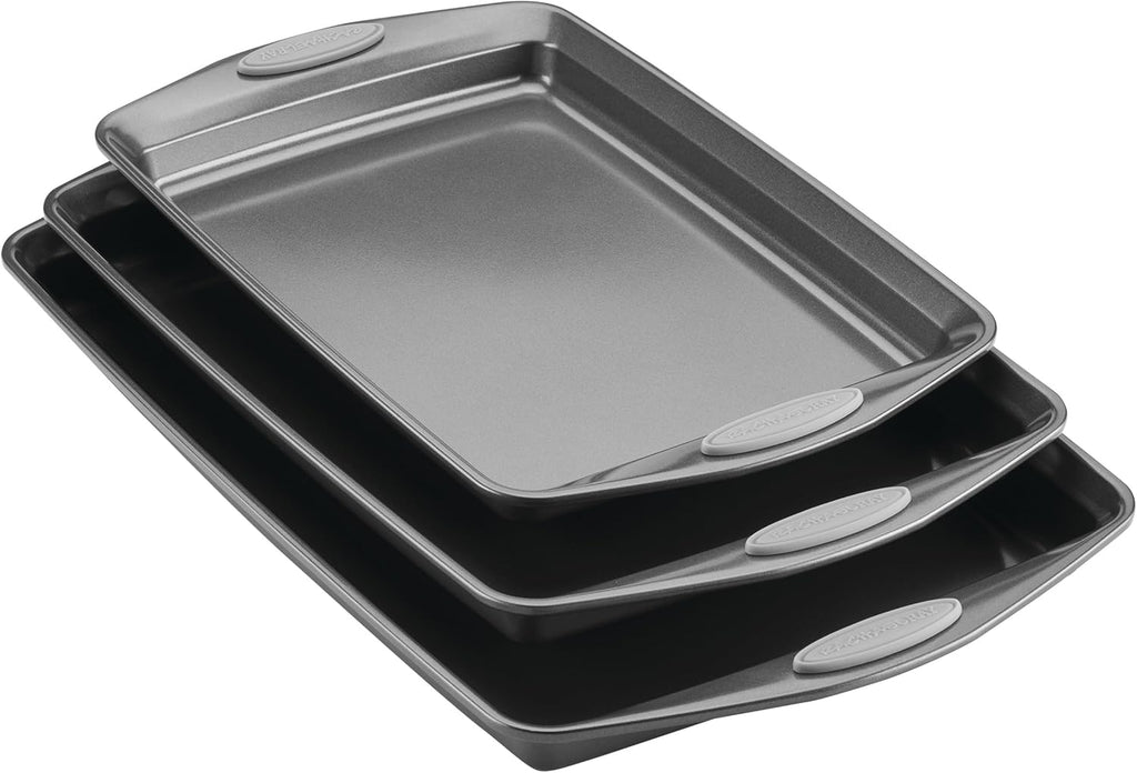 Rachael Ray Nonstick Bakeware Set - 3-Piece Cookie Sheets with Grips in Gray & Sea Salt Gray