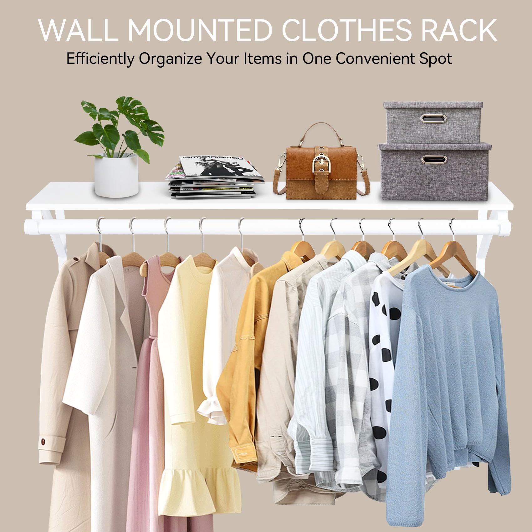 Qupui Closet Shelf with Hanging Rod, 47.2in Wall Mounted Clothes Rack with Top Shelf, Walk in Closet System, Heavy Duty Shelf with Hanging Rod for Laundry Room, Closet Storage, Garage, White