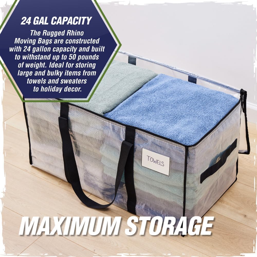 RUGGED RHINO Heavy Duty Extra Large Moving Bags - Durable, Space-Saving Storage | 4 Pack, Blue/Clear