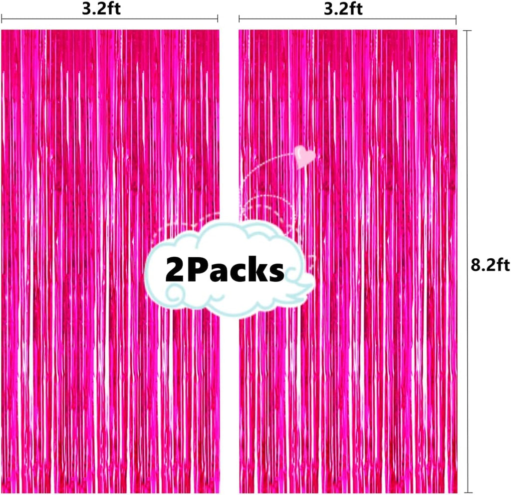 Shiny Hot Pink Metallic Tinsel Foil Fringe Curtains | 2 Pcs 3.2ft x 8.2ft Backdrop for Parties & Celebrations