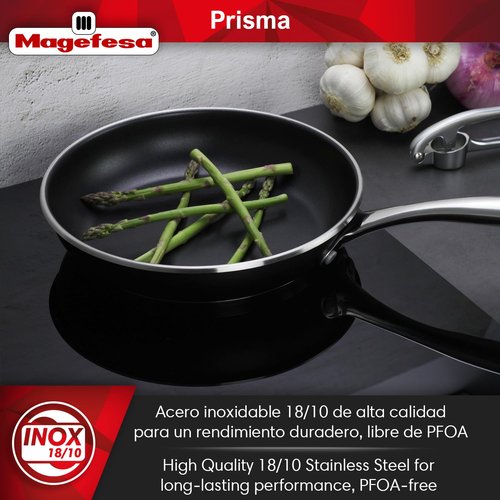 Magefesa Prisma 7.9-Inch Frying Pan, 18/10 Stainless Steel, Triple-Layer Nonstick, Works on All Stovetops Including Induction, Oven Safe to 392°F, Dishwasher Safe, Durable Skillet