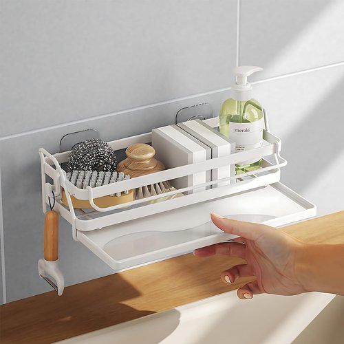 ASYEHJNR Sponge Holder Wall Mount Kitchen Sink Organizer, Dish Sponge Holder with Divider, Kitchen Sink Caddy, Sink Accessories-White