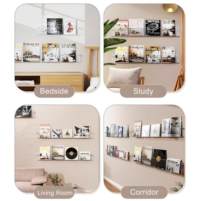 4-Pack 17" Acrylic Magazine Holder Vinyl Records Holder, Display Floating Bookshelves Wall Mounted, Hanging Nursery Book Shelves for Waiting Room, Living Room, Office