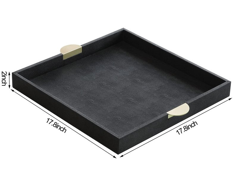 HofferRuffer Faux Leather Decorative Serving Tray, Elegant Coffee Table Ottoman Tray, Breakfast, Drinks, Liquor Serving Platter, Black Shagreen Finish with Gold Hardware Handle (Square)