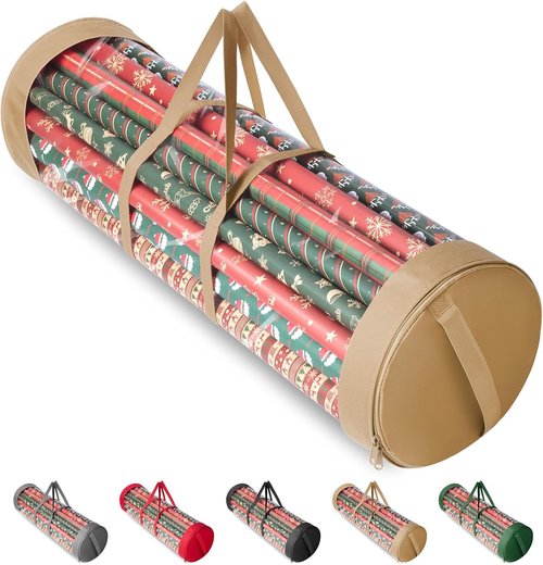 BALEINE Christmas Wrapping Paper Organizer - Durable 600D Oxford Fabric | Clear PVC Storage for 18-25 Rolls