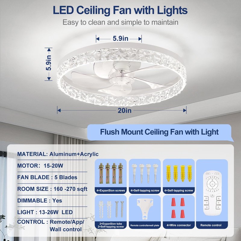 FTZVRD Ceiling Fans with Lights, Flush Mount Ceiling Fan with Lights and Remote, 6 Wind Speeds Low Profile Smart Ceiling Fan for Bedroom, Kids Room, Kitchen and Small Room 20"