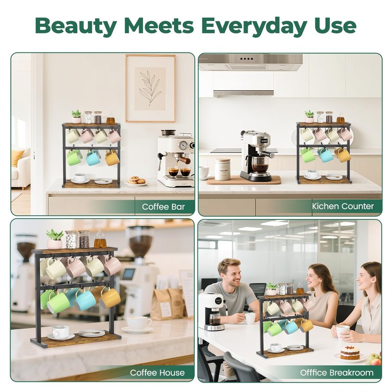 EsLuker.ly Coffee Mug Holder Cup Tree Rack for Countertop, 2 Tier Rustic Wood Coffee Bar Station Organizer Narrow Display Stand for Kitchen Office, Hold 14 Mugs with Sturdy Base, Free Up Counter Space