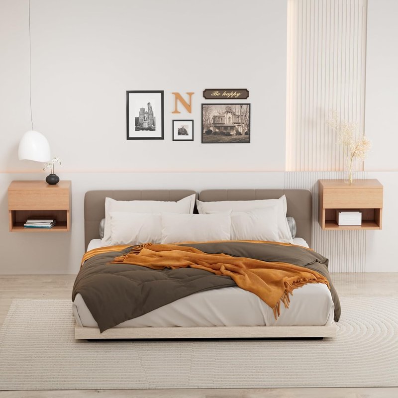 Floating Nightstand, Modern Wall Mounted Bedside Table with Drawer, Wood Bedside Shelf & Desk, End Table Wood Modern Night Stand for Bedroom (Beech QD1, Set of 1)