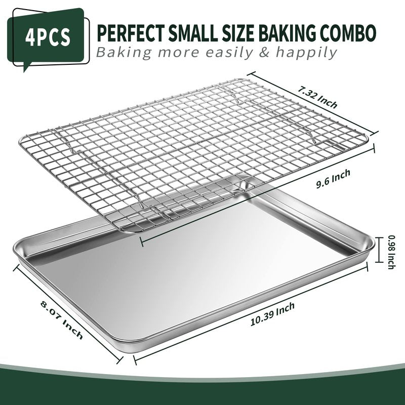 CEKEE 4 PCs Small Baking Sheet With Wire Rack Set [2 Pans + 2 Cooling Racks], 10 Inch Stainless Steel Tray - Rust & Warp Resistant, Easy Clean