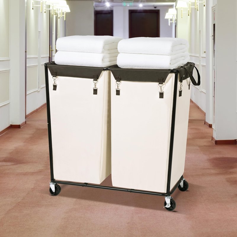 STORAGE MANIAC Commercial Laundry Hamper with Heavy Duty Steel Frame, 74 Gal. Industrial Laundry Basket Cart with Wheels for Hotel, Home, Laundry Room, Big Large Clothes Sorter, 2 Section Beige/Black