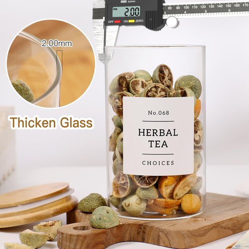 CZZGSM 8 Pack Glass Jar with Airtight Bamboo Lid and White 132 Kichen Pantry Labels Preprinted - 21 Oz Clear Round Glass Food Storage Containers set For Tea Coffee Sugar Spice