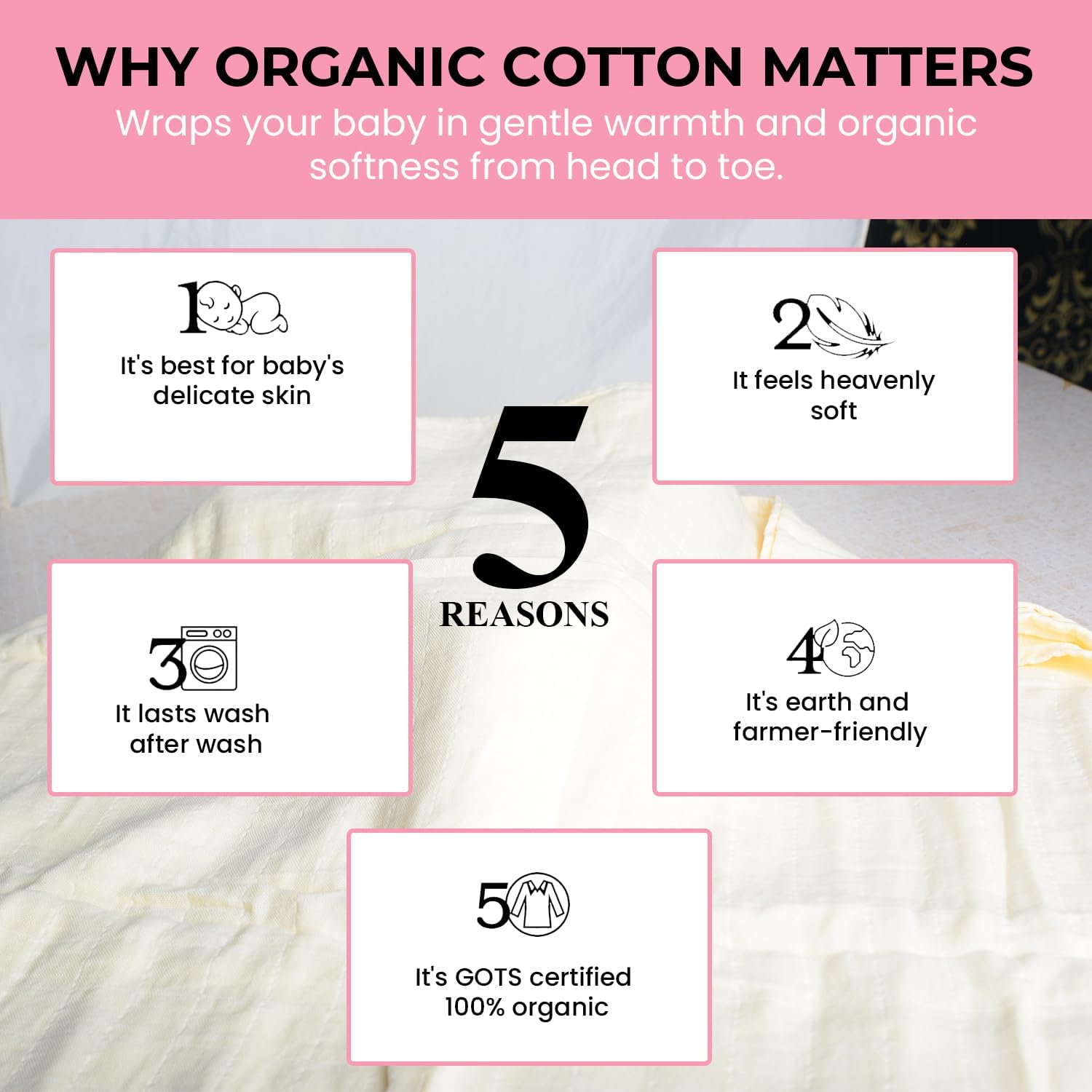 Organic Muslin Swaddle Blankets - 100% Organic Cotton Baby Wraps | Soft, Breathable & Skin-Friendly | 3-Pack, Large 47 x 47 Inches