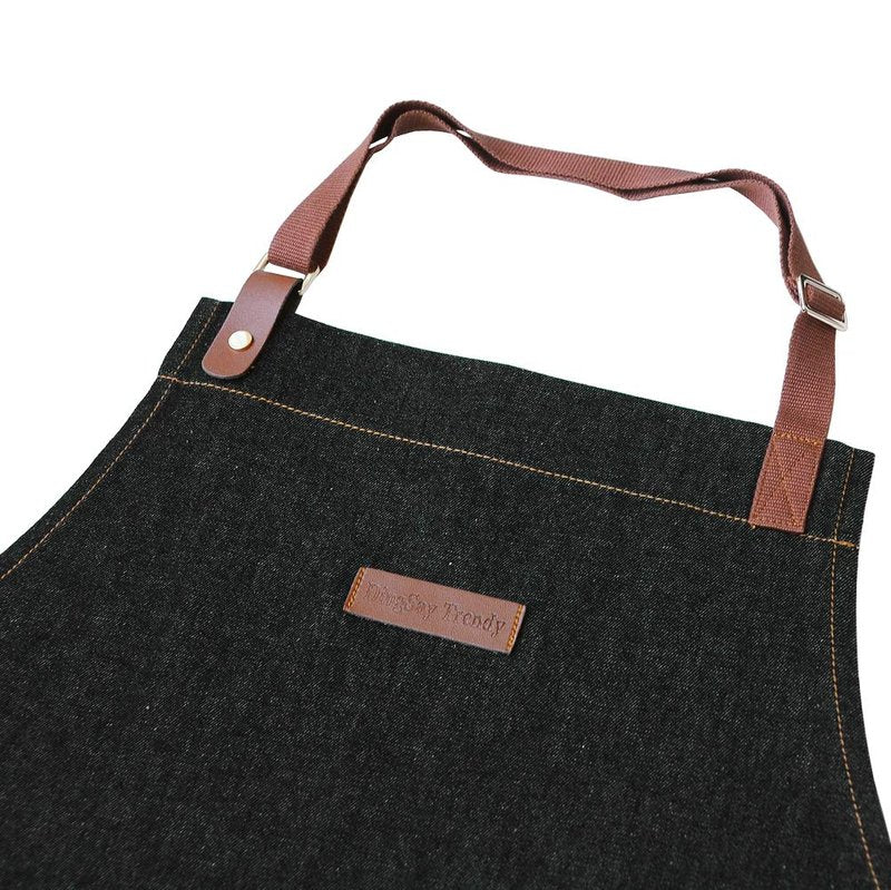 DingSay Trendy Server Denim Apron with 3 Pockets for Men Women, Professional Black Bib Aprons for Chef Cooking Kitchen Grilling BBQ, with Adjustable Neck Strap (Black Denim 7#)