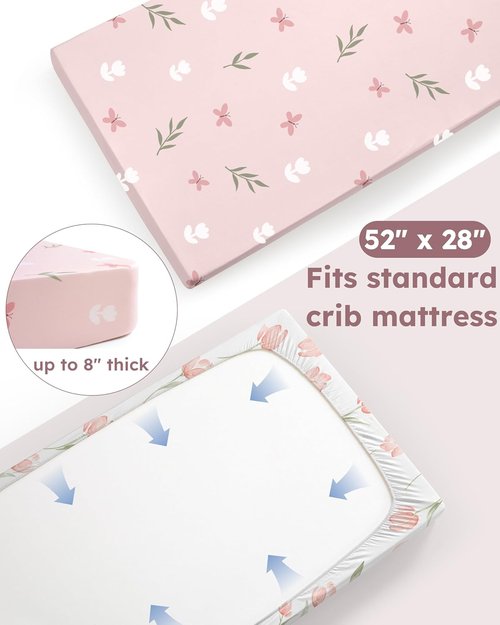 Baby Crib Sheets - Soft Breathable Microfiber Fitted Sheets for Standard Crib | 2-Pack Pink Tulips, 52" x 28"