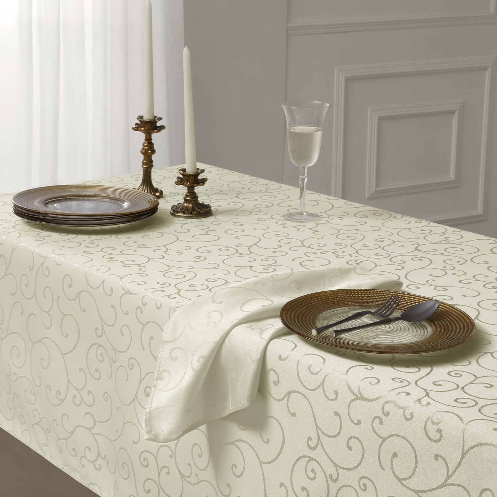 Romanstile Jacquard Rectangle Tablecloth, Waterproof Elegant Damask Curly Floral Pattern Table Cloth, Washable Decorative Polyester Table Cover for Kitchen/Dining/Parties - Ivory/Cream, 60 x 104 Inch