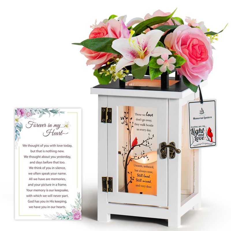HN HAIINAA Memorial Lantern Sympathy Gift Bereavement Gift Idea with Sympathy Rose Flowers for Loss of Loved One Memorial Gift for Loss of Mother Father Brother Sister Husband