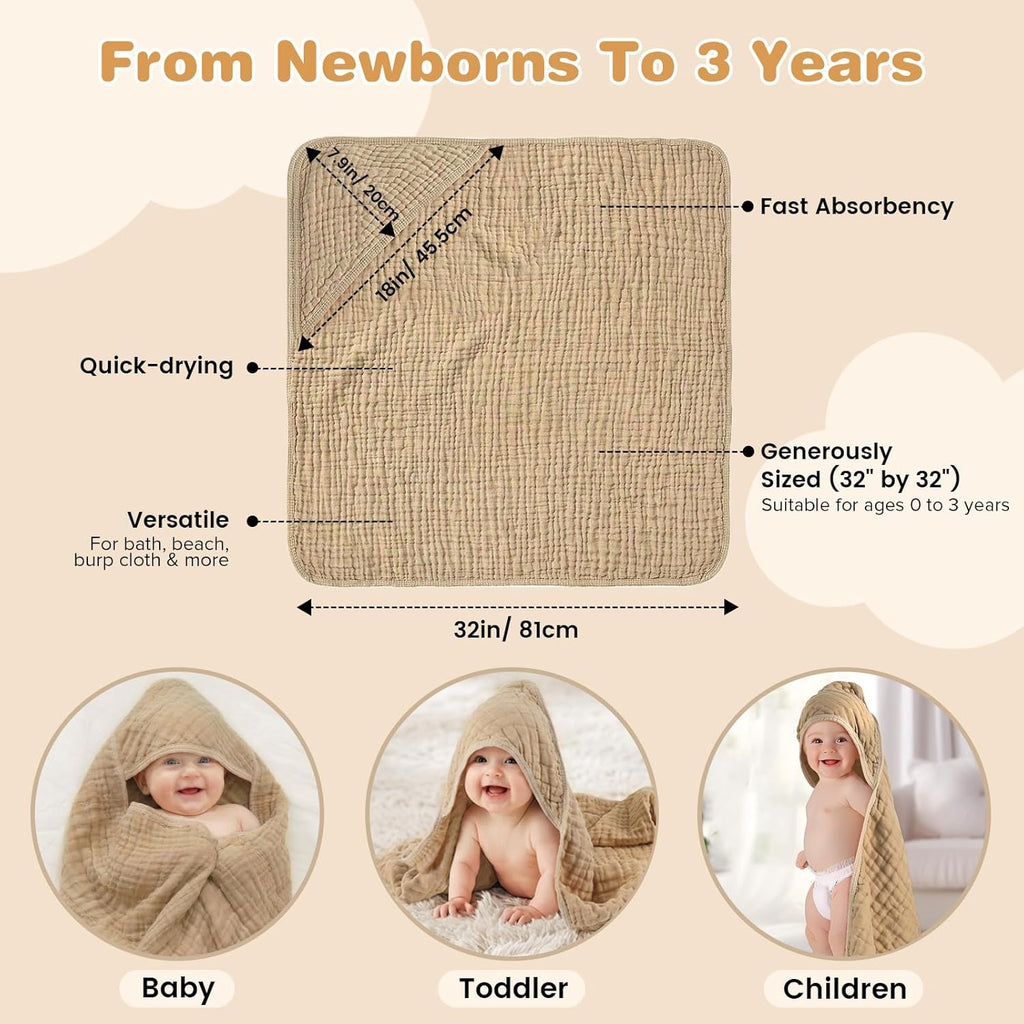 Skiennix Hooded Baby Bath Towels - 6-Layer 100% Muslin Cotton, Soft & Absorbent, Large 32x32 Inch, 2 Pack