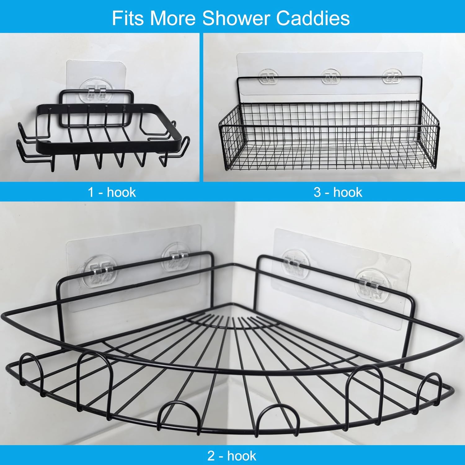 Skiennix Shower Caddy Adhesive Replacement - No Drilling, Strong Sticker Hooks for Shelves | 15 Pack