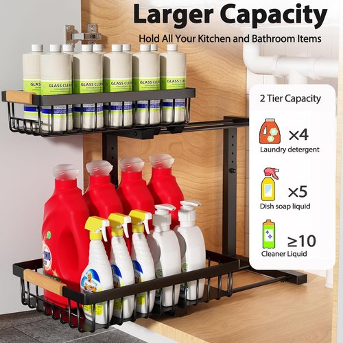 Liuoud Under Sink Organizer - 2-Tier Adjustable Pull-Out Cabinet Storage Rack | Large Capacity, Black